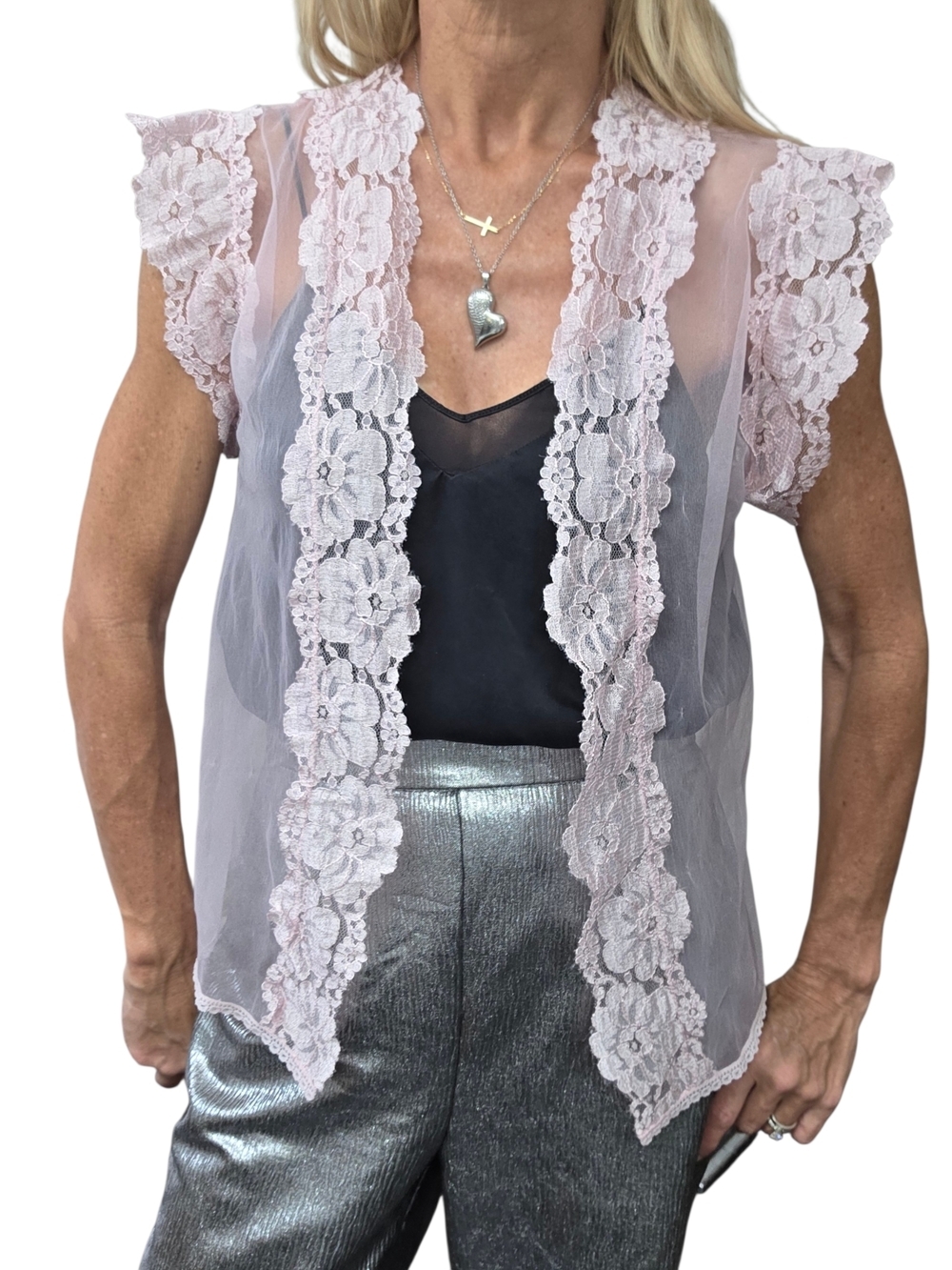 Vintage 60s 70s Sheer Pink Lace Lingerie Bed Jacket Coquette Top